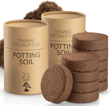 Load image into Gallery viewer, Coconut Coir Potting Soil for Indoor Plants - Expands to 5 Quart (11 lb) | Bonsai Soil Discs Perfect for General Houseplants, Herbs, and Bonsai Trees - Expands with Water