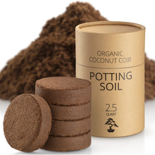 Load image into Gallery viewer, Coconut Coir Potting Soil for Indoor Plants - Expands to 2.5 Quart (5.5 lb) | Bonsai Soil Discs Perfect for General Houseplants, Herbs, and Bonsai Trees - Expands with Water