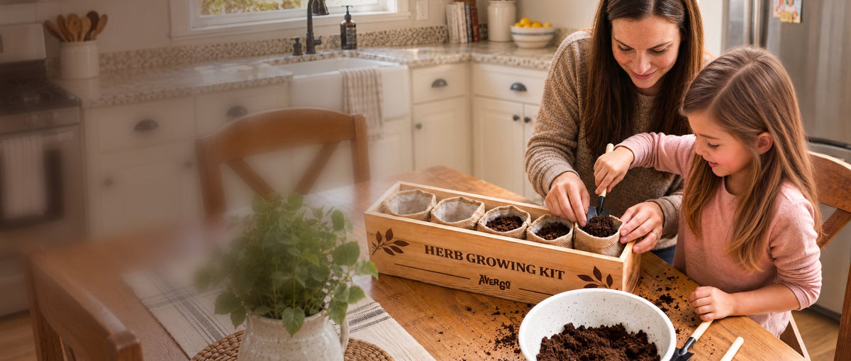 A mother and daughter planting the herb growing kit