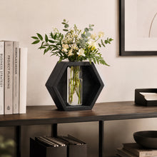Load image into Gallery viewer, Wall Plant Decor (2-Pack), Black Wood Indoor Wall Planter | Propagation Wall Hanging with Removable Glass Vase for Cuttings, Fresh Herbs, Flowers and Dried Florals
