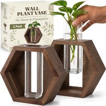 Load image into Gallery viewer, Wall Plant Decor (2-Pack), Acacia Wood Indoor Wall Planter | Propagation Wall Hanging with Removable Glass Vase for Cuttings, Fresh Herbs, Flowers and Dried Florals
