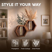 Load image into Gallery viewer, Wall Plant Decor (2-Pack), Acacia Wood Indoor Wall Planter | Propagation Wall Hanging with Removable Glass Vase for Cuttings, Fresh Herbs, Flowers and Dried Florals
