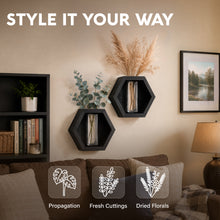 Load image into Gallery viewer, Wall Plant Decor (2-Pack), Black Wood Indoor Wall Planter | Propagation Wall Hanging with Removable Glass Vase for Cuttings, Fresh Herbs, Flowers and Dried Florals

