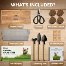 Load image into Gallery viewer, Cat Grass Kit for Indoor Cats – x4 Seed Packets | Cat Grass Seeds with Wooden Planter, Soil &amp; Mini Gardening Tools for Nipping – Pet Wheatgrass Grass
