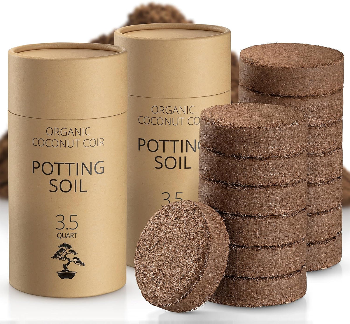 Coconut Coir Potting Soil for Indoor Plants - Expands to 7 Quart (15 lb) | Bonsai Soil Discs Perfect for General Houseplants, Herbs, and Bonsai Trees - Expands with Water