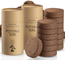 Load image into Gallery viewer, Coconut Coir Potting Soil for Indoor Plants - Expands to 7 Quart (15 lb) | Bonsai Soil Discs Perfect for General Houseplants, Herbs, and Bonsai Trees - Expands with Water
