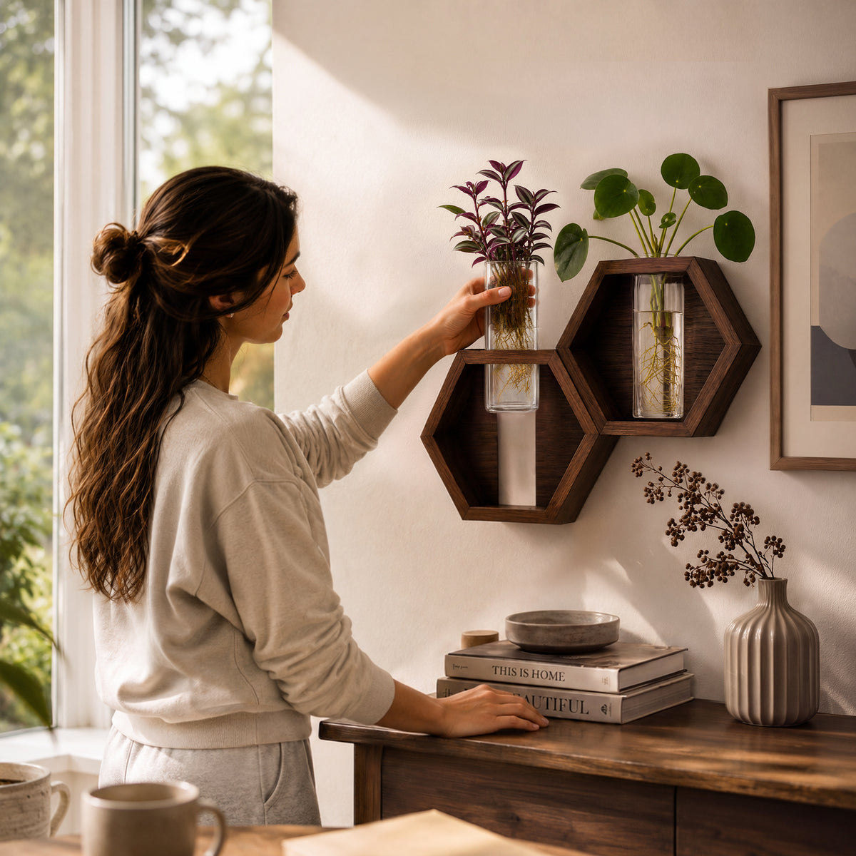 Hanging the acacia wall planter above a sideboard