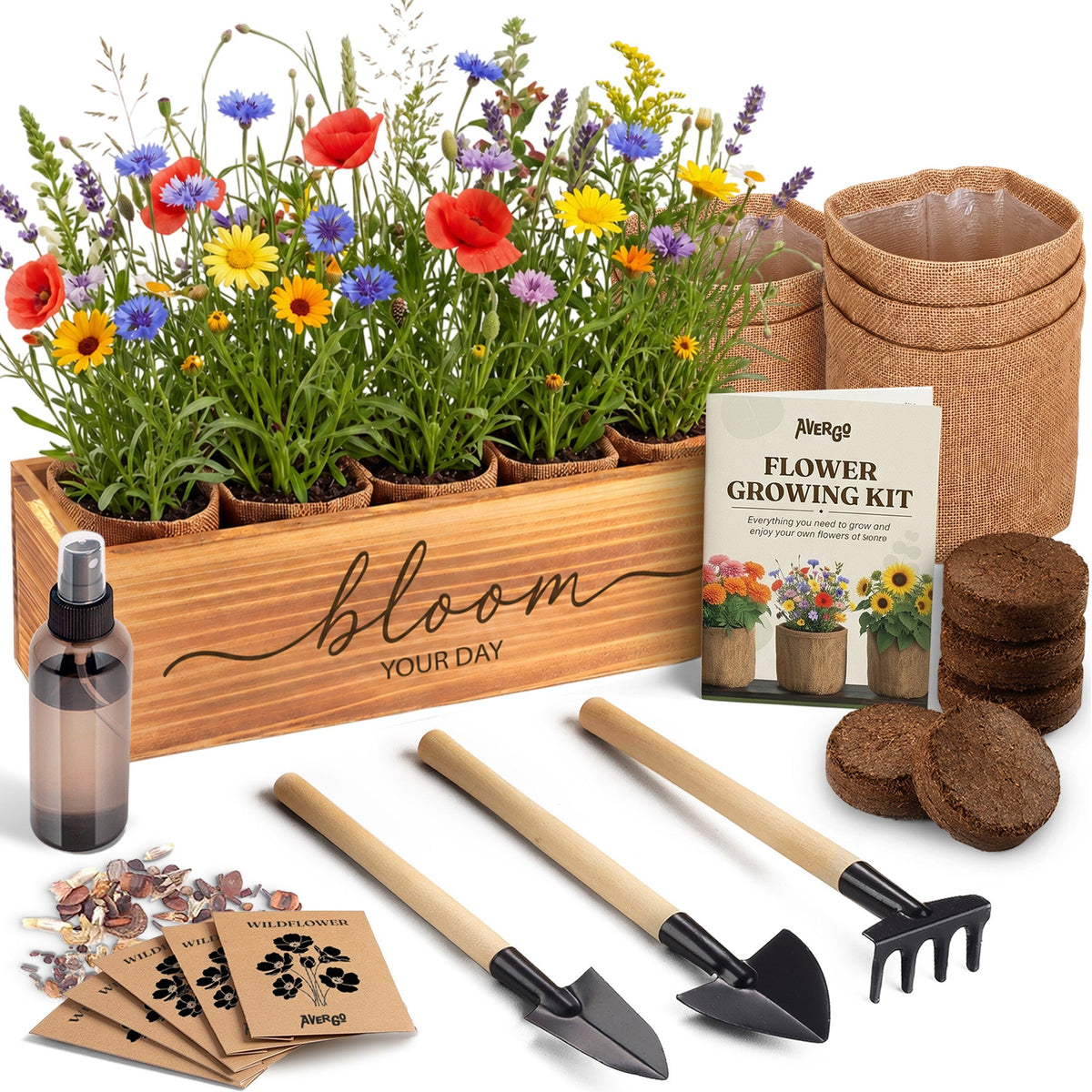 NORU Flower Growing Kit: five pots of wildflowers in a wooden planter, with seed packets, soil discs, tools, spray bottle and guide