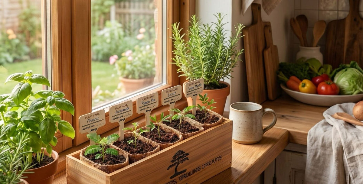 NORU herb growing kit with its guide and tools on a kitchen counter
