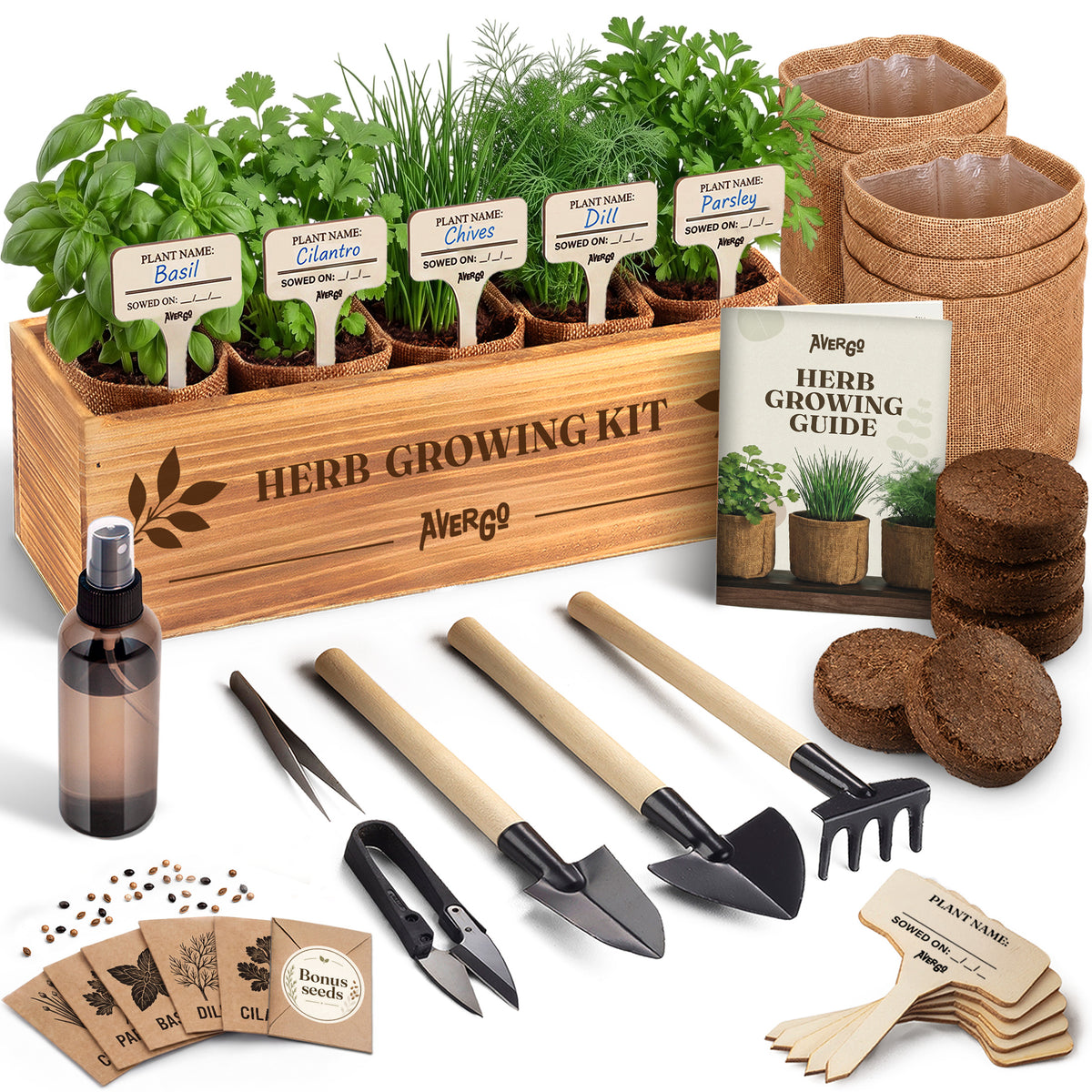 NORU Herb Growing Kit with wooden planter, seed packets, coconut coir soil, tools and guide
