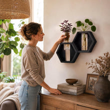 Load image into Gallery viewer, Wall Plant Decor (1-Pack), Black Wood Indoor Wall Planter | Propagation Wall Hanging with Removable Glass Vase for Cuttings, Fresh Herbs, Flowers and Dried Florals
